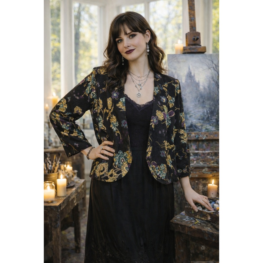 Whimsigoth Boho Artsy‎ Vintage Black Turquoise Floral Burnout Stretch Jacket XL